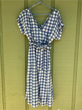 Blue and White Gingham Tie-Waist Midi Dress